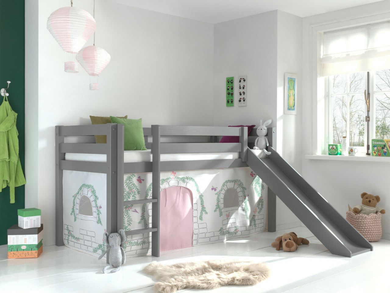 Vipack:Spielbett "Pino" mit Rutsche+Textilset-Jugend/Kinderbett Vorhang Hochbett von VIPACK
