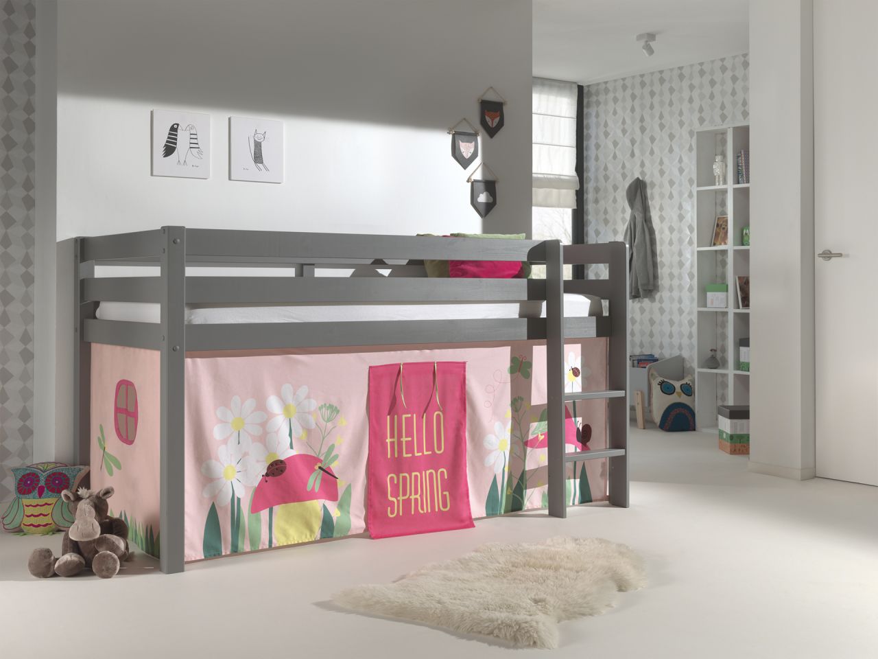 Vipack:Spielbett "Pino" mit Textilset- Jugend/Kinderbett Hochbett Grau Rosa Pink von VIPACK