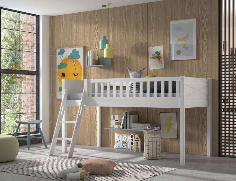 halbhohes Spielbett Leiter Rolllattenrost Hochbett Leiterbett Kinderbett 90x200 von VIPACK