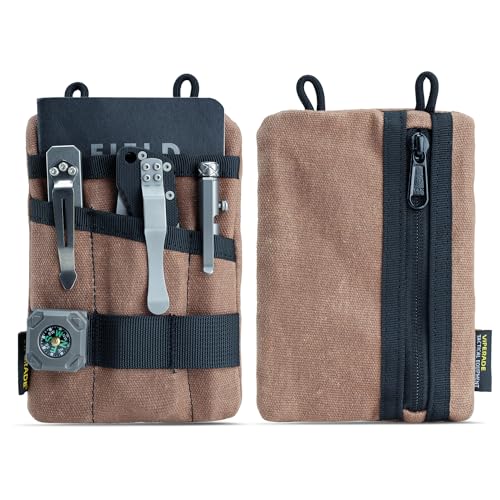 VIPERADE VE1-OW Klein EDC Pocket Pouch,Waxed Canvas EDC Organizer Tasche Klein EDC Werkzeugtasche mit 5 Taschen,Klein Multitool Taschen Organizer für Taschenlampe Multitools Stift Notizbuch -Bräunen von VIPERADE