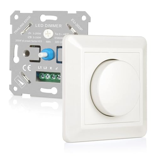 VIPMOON Dimmer Schalter 220-240V Dimmer für Led Lampen 5-200W Push-On/Off Rotary Phasenabschnittsdimmer für dimmbare LED Lampen, Glühlampe und Halogenlampe, Weiß von VIPMOON