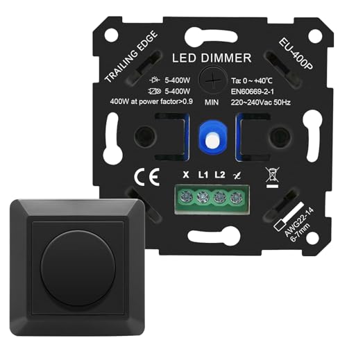 VIPMOON LED Dimmer Schalter, 5-400W Schalter Drehdimmer Unterputz, 220V-240V Drehdimmer Unterputz Dimmschalter für Dimmable LED/Haloge/Incandescent/led lampen Ohne Klemmkrallen,Schwarz VIPMOON LED Dimmer Schalter, 5-400W Schalter Drehdimmer Unterputz, 220V-240V Drehdimmer Unterputz Dimmschalter für Dimmable LED/Haloge/Incandescent/led lampen Ohne Klemmkrallen,Schwarz von VIPMOON