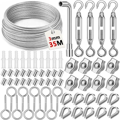 VIPNAJI Drahtseil Edelstahl Set 64pcs, 35m/2mm Stahlseil für Rankhilfe mit M5 Spannschloss Seilspanner,Ösenschraube,Seilkauschen, Alu Seilklemmen, Drahtseilklemme etc,Stahlseil mit ösen von VIPNAJI