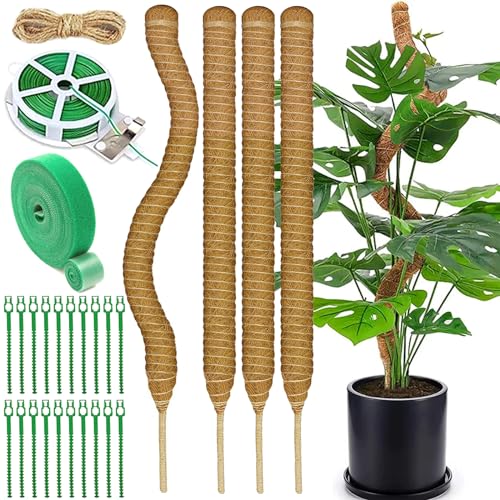 VIPNAJI Monstera Trellis, 4 Pack 70 cm Plant Stake Coir, Flexible Moss Rod for Monstera, Rod for Climbing Plants, Natural Plant Support with Accessories Kabelbinder Rolled Wire Jute Schnur etc von VIPNAJI