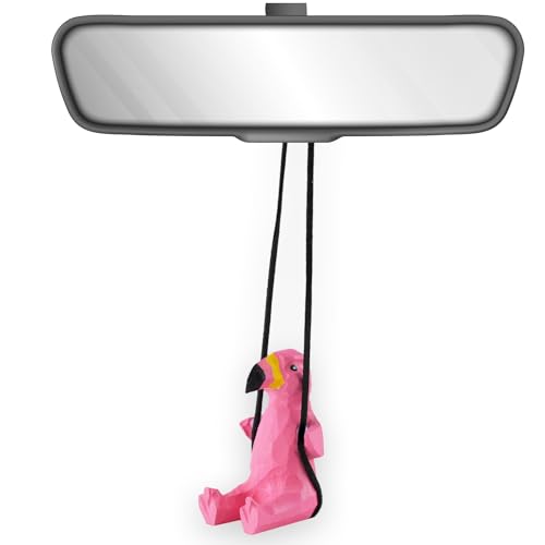 VIPbuy 100% handgemachtes hölzernes schwingendes Flamingo Auto hängendes Ornament - Niedliches handgeschnitztes gemaltes Holz Flamingo Figur Auto Spiegel hängendes Zubehör Dekor Geschenke (Flamingo) von VIPbuy
