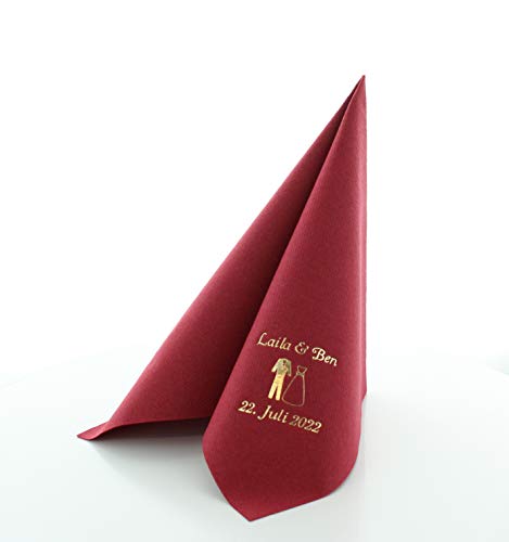 VIPdeko Hochzeitsservietten mit individuellem Aufdruck Gold/Silber | hochwertiges Premium-Line Material, STOFFÄHNLICH | mit exklusivem Prägedruck | 40 x 40 cm | ¼ Falz (Bordeaux, 50) von VIPdeko