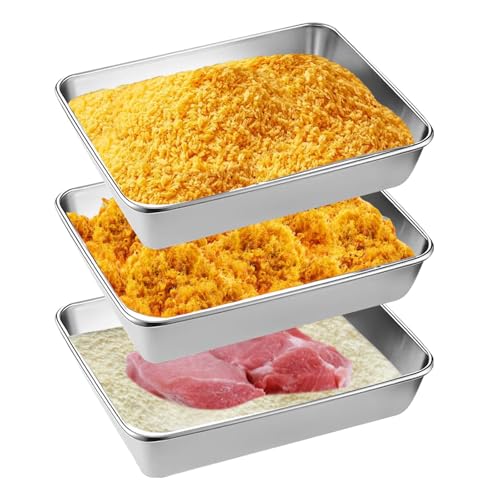 Panierschalen Set, 3 Stück Edelstahl Panierschalen Set, 25,5 x 19,5 x 5,8 cm Rechteckig Panierschalen Panierset, Edelstahl Schale Rechteckig mit Stapelbares, für Schnitzel, Fleisch, Fisch und Gemüse von VIQIHEOE