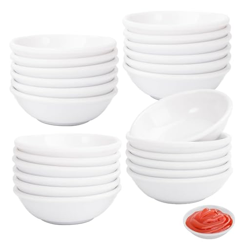 Sojasauce Schälchen, 24 Stück Runde Dip Schälchen Set, 8,8 x 2,2cm Kleine Gewürzschalen, Weiß Saucenschälchen, Stapelbare Dessertschalen, Sojasauce Schüssel, für Nuss, Saucen(Wiederverwendbar) von VIQIHEOE