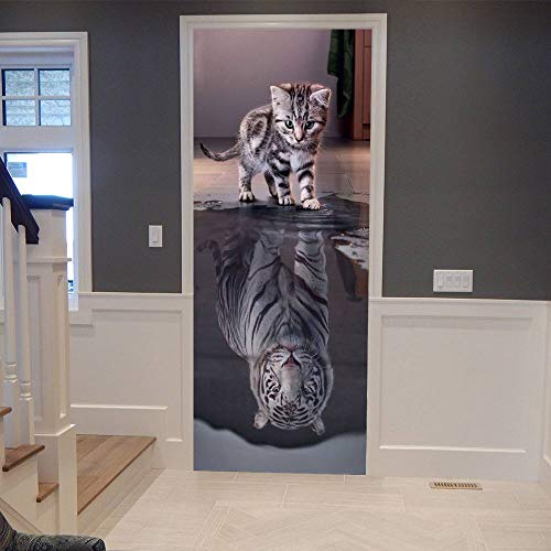 3D Türtapete Selbstklebend Türaufkleber - Katze wird Tiger - Türfolie Poster PREMIUM PVC Wasserfest Wandtattoo Für Schlafzimmer Wohnzimmer Tür Dekoration Tapete 77 x 200 cm von VIRANDA