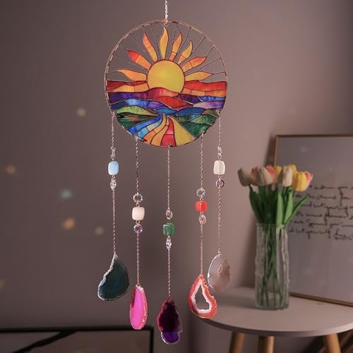 Farbenfroher Sonnenfänger zum Aufhängen, Kristall-Traumfänger mit Achat-Amethyst, Boho-Wandkunst, Geschenke für Paare, Einweihungsgeschenk (Sonnenmuster) von VIRFONOR