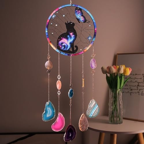 Schmetterling schwarze Katze Acryl Fenster hängende Sonnenfänger, natürlicher Achat, Edelstein-Traumfänger, Kristall-Windspiel für Hausgarten, Katzenliebhaber, Geschenke, Ornament für Frauen Schmetterling schwarze Katze Acryl Fenster hängende Sonnenfänger, natürlicher Achat, Edelstein-Traumfänger, Kristall-Windspiel für Hausgarten, Katzenliebhaber, Geschenke, Ornament für Frauen von VIRFONOR