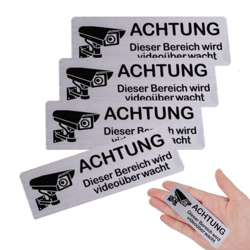 4 Stück Videoüberwachung Schild, Schild Aufkleber Videoüberwachung Privatgrundstück Aus Aluminium, Selbstklebendes Warnschild zur Achtung Videoüberwachung Schild, Rostfrei, 8.5x3 cm von VIRHWOEA