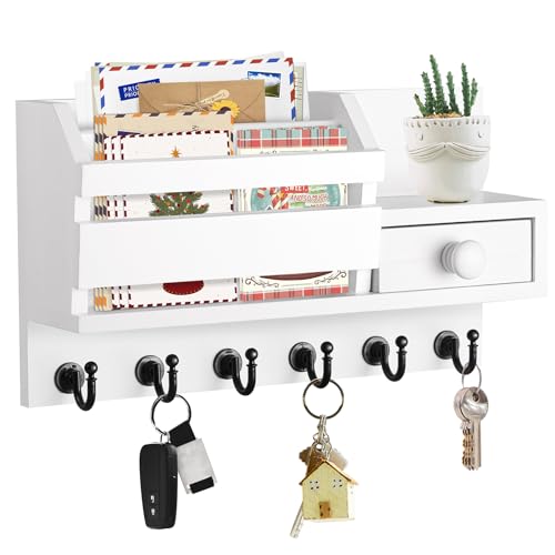 VIS'V Schlüsselhalter Wandhalterung, Holz Post und Schlüssel Organizer mit Schublade und Ablage, 2 Schlitze, 6 Haken, Weiß VIS'V Schlüsselhalter Wandhalterung, Holz Post und Schlüssel Organizer mit Schublade und Ablage, 2 Schlitze, 6 Haken, Weiß von VIS'V