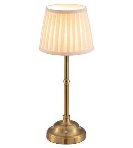 VISDANFO AKKU Kabellose Touch-Tischlampe, Tragbare Dimmbare LED-Retro-Nachttischlampe, 4000mAh Batteriebetrieben, geeignet für Innen, Außen, Bar, Camping (Gold + Beige Lampenschirm) von VISDANFO