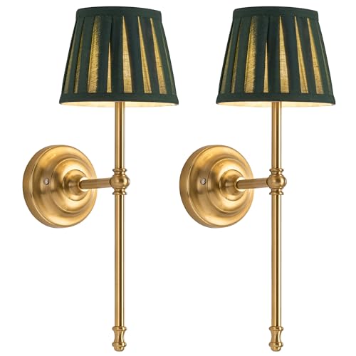 VISDANFO Aufladbare Wandlampe 2 Stück, LED-Wandleuchte aus Stoff mit Akku, Dimmbare Beleuchtung mit 5200 mAh und Kabelloser Fernbedienung für Wohnzimmer, Schlafzimmer, Flur, Treppenhaus (Gold + Grün) von VISDANFO