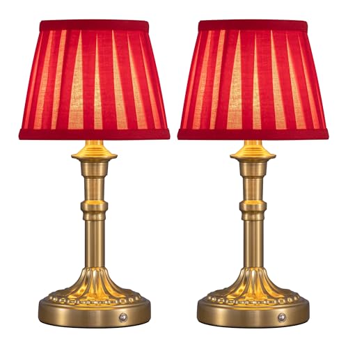 VISDANFO Kabellose Tischlampe 2er Set,LED-Stoffschirm kleine Tischleuchte mit Akku,Stufenlos Dimmbar Touch Nachttischlampe für Wohnzimmer, Esszimmer, Schlafzimmer,Badezimmer(Bronze+Rot) von VISDANFO