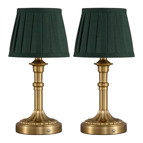VISDANFO Kabellose Tischlampe 2er Set,LED-Stoffschirm kleine Tischleuchte mit Akku,Stufenlos Dimmbar Touch Nachttischlampe für Wohnzimmer, Esszimmer, Schlafzimmer,Badezimmer(Bronze + Grüner) von VISDANFO