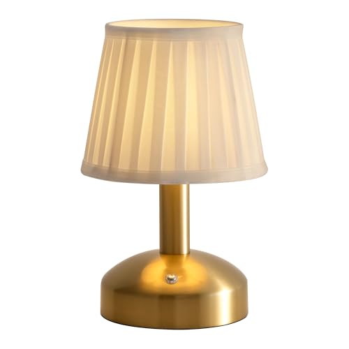 VISDANFO Kabellose Kleine LED-Tischlampe, Tragbare Nachttischlampe mit Stoffschirm und Akku, 5000mAh, Dimmbarer Touch-USB-Aufladbarer Lampe, Geeignet für Esszimmer, Schlafzimmer, Wohnzimmer (Gold) von VISDANFO