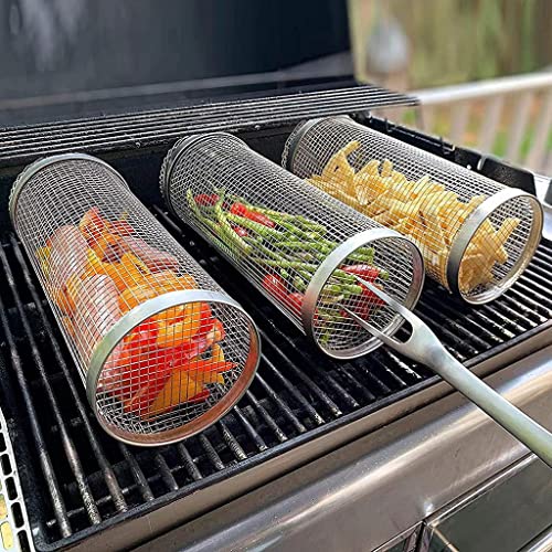 VISEKA BBQ-Netz-Rohr 2Stück Rostfreier Stahl Rollend Grillkorb Gemüse Shrimps Fisch Grillrost Spülmaschinenfest (Size : 9.5 * 9.5 * 20cm) von VISEKA