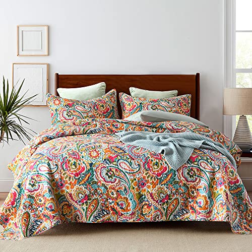 VISIMISI Cotton Bedspread Quilt Sets Reversible Coverlet Sets Comforters Vintage Bohemian Patchwork Bedspread (Yellow Red Paisley Floral, Queen Size) von VISIMISI