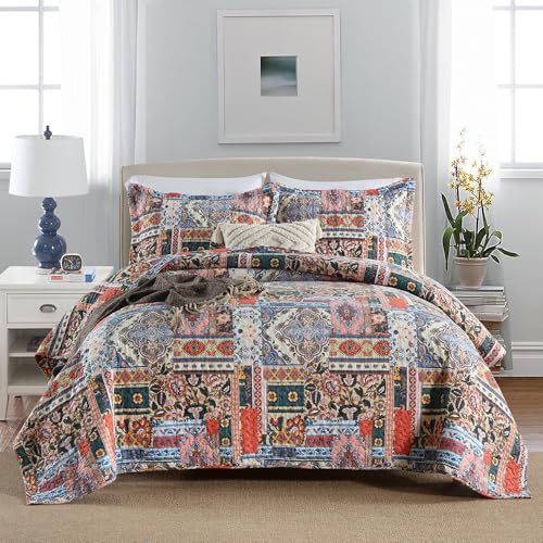 VISIMISI Tagesdecke 220x240cm Baumwolle Bettüberwurf, Bettdecke mit 2 Kissenbezüge,Braun Blumen Böhmen Stil Steppdecke Gesteppte für Doppelbett (Bunte Böhmisch, 230x250cm) von VISIMISI