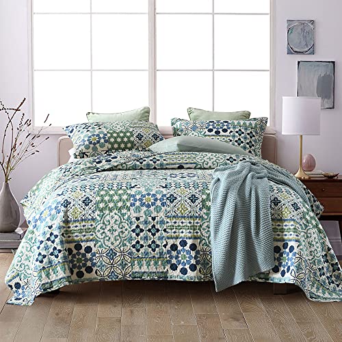 VISIMISI Tagesdecke 220x240cm Baumwolle Bettüberwurf, Bettdecke mit 2 Kissenbezüge, Blumen Böhmen Stil Steppdecke Gesteppte für Doppelbett (Grün Böhmisch, 230x250cm) von VISIMISI