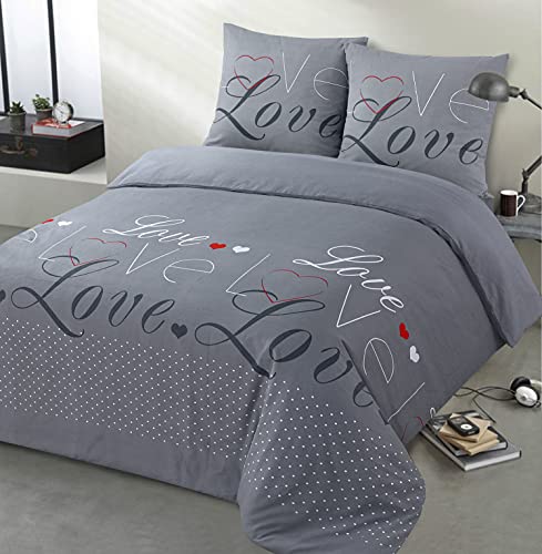 VISION - Bettwäsche Flanell Love Gray – Bettbezug 260 x 240 cm mit 2 passenden Kissenbezügen 65 x 65 cm – 100% Baumwolle von VISION