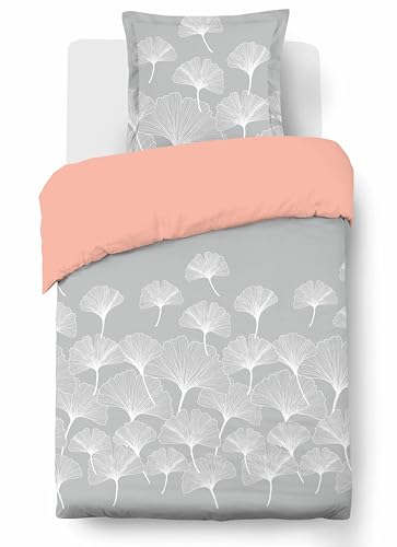 VISION - Bettwäsche Ginko Grau – wendbar – Bettbezug 140 x 200 cm mit 1 Kissenbezug für Einzelbett – 100 % Baumwolle von VISION