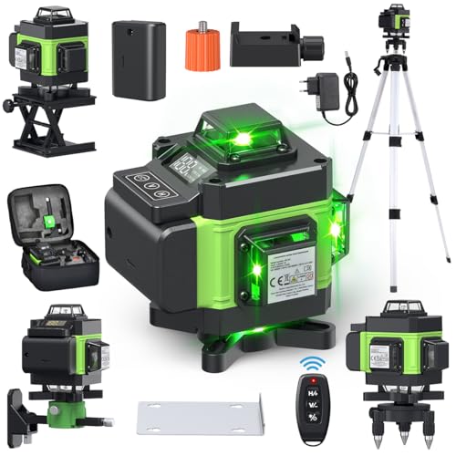 Kreuzlinienlaser mit Stativ, Multifunktionaler 4D-Laser mit 16 Linien,selbstnivellierende Maschine, USB-wiederaufladbares Lithium-Batterie-Nivelliergerät mit ，2 * 2400 mAh Batterien Green von VISLONE
