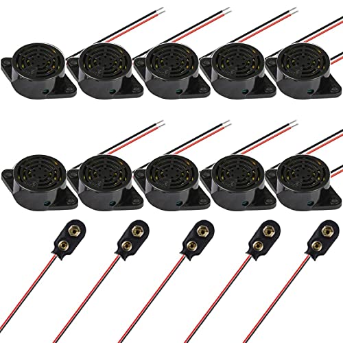 VISSQH 10 Stück Elektronischer Summer, DC 3V 6V 9V 12V 24V Buzzer Alarm Piezo Sounder kontinuierlicher Sound arduino Buzzer+5 Stück 9v Batterie Adapter von VISSQH