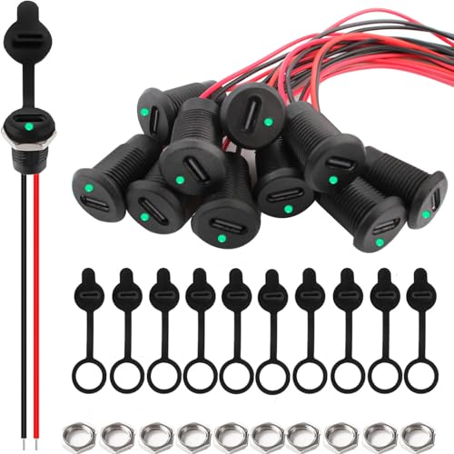 VISSQH 10 Stück USB Typ-C-Buchse, 3A 2 Polige Stecker Löten, 2-Draht Einbaubuchse Mit LED-Licht, 24AWG Female Kabel Runden Wasserdichte Panel-Header Pigtail Cable von VISSQH