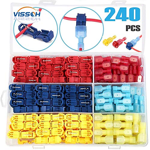 VISSQH 240Pcs T Abzweigverbinder,stromdiebe kfz，T-Tap Elektrische Steckverbinder, 120 pcs T-Abzweigverbinder + 120 pcs Flachstecker (Rot ×80Pcs, Blau × 80Pcs, Gelb × 80Pcs) von VISSQH