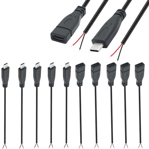 VISSQH 5 Paar(10 Stück) USB Typ-C Stecker & Buchse Pigtail Kabel,22AWG 12V 3A 2 poligen Blankdraht,USB C Verlängerungskabel löten,mit offenem Ende für Heimwerker (25cm) von VISSQH