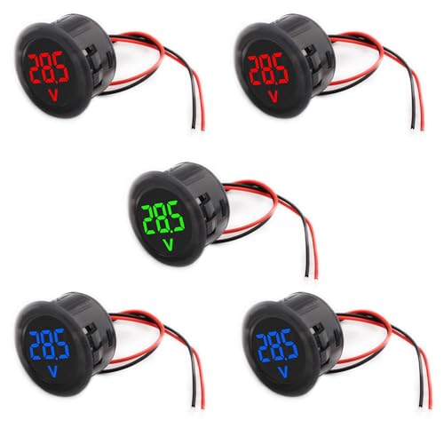VISSQH 5 Stück DC 4-100V Digital Voltmeter,Runde voltmeter,Wasserdichtes DigitalanzeigeVoltmeter,2 Drähte Spannungsmesser 3-Digit LED Anzeige für Auto/Motorrad/LKW/Boot (Grün、rot、Blau) von VISSQH