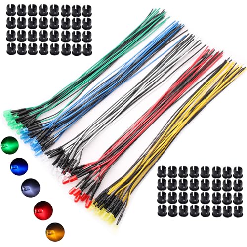 VISSQH 50 Stück 5mm LED diode mit 20cm Kabel,12V Vorverdrahtetes Licht,Vorverdrahtete Mini LED Leuchtdioden,modellbauLED-Dioden Licht+50 x 5mm LED Montageringe Plastik(Rot Gelb Blau Grün Weiß) von VISSQH