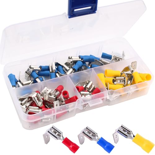 VISSQH 50PCS Kabelschuhe,Halbisoliert Huckepack Splice Spade Elektrische Draht Crimpverbinder Steckverbinder,Flachsteckhülsen Abzweigverbinder Flachstecker Verteiler (Rot/Gelb/Blau) von VISSQH