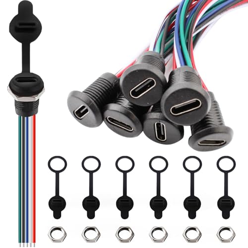 VISSQH 6 Stück USB Typ-C-Buchse, 3A 5 Polige USB C Stecker Löten, 5-Draht Einbaubuchse, 24AWG Female Kabel Runden Wasserdichte Panel-Header Pigtail Cable von VISSQH