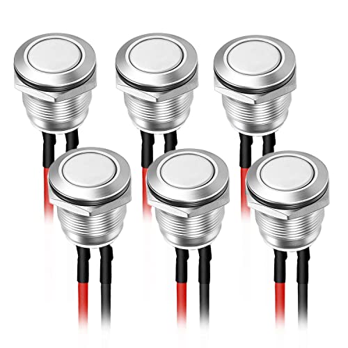 VISSQH 6pcs 16mm taster wasserdicht,Metall Drucktastenschalter ，Edelstahl,12V Momentanen Druckschalter, für hupen, Klingel,Auto Runde Mini Drücken Taster (Flachkopf) (mit Draht) von VISSQH