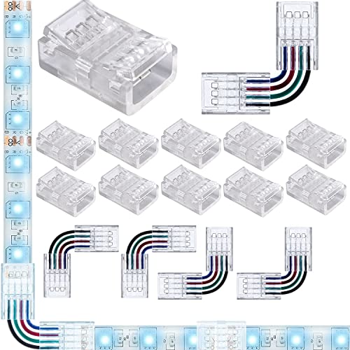 VISSQH LED Strip Connector 4Pin 10 mm for 4-Pin 10 mm RGB SMD 5050 LED Strip Accessories, 10 x LED Strip Connectors, 4 x Corner Connectors, 1 x Open Clip Closure (Upgraded, Transparent) von VISSQH