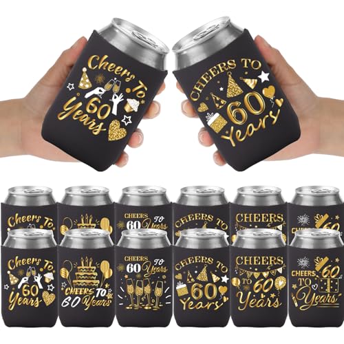 Dekorationen zum 60. Geburtstag für Männer und Frauen – 12 Stück Prost und Bier bis 60 Jahre Vintage 60. Geburtstag Bierdosen-Kühlerhüllen 1965 Schwarz Gold Dosen Kühler für 60 Jahre alte von VISSTREE