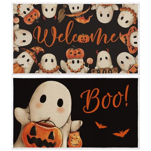 VISSTREE Halloween-Willkommens-Fußmatten-Set, 2er-Set, Boo Kürbis, Geister-Fußmatte, gruselig, rutschfest, saugfähig, Türteppiche mit Gummi, für Halloween, Urlaub, Innen- und Außenbereich VISSTREE Halloween-Willkommens-Fußmatten-Set, 2er-Set, Boo Kürbis, Geister-Fußmatte, gruselig, rutschfest, saugfähig, Türteppiche mit Gummi, für Halloween, Urlaub, Innen- und Außenbereich von VISSTREE
