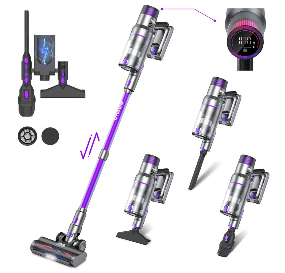 VISTEFLY Akku-Stielstaubsauger V15MAX Akku Staubsauger 40KPA,60 Min,Ausziehbares Rohr, 500,00 W, beutellos, Intelligente Stauberkennung,Filtration mit 6 Stufen von VISTEFLY