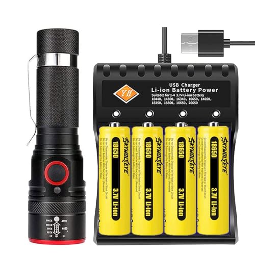 VISVIC Helle Taschenlampe mit Universal-Ladegerät und wiederaufladbaren 4PCS 18650-Batterien, 3 Modi, 2000 Lumen, tragbar, kompakt von VISVIC