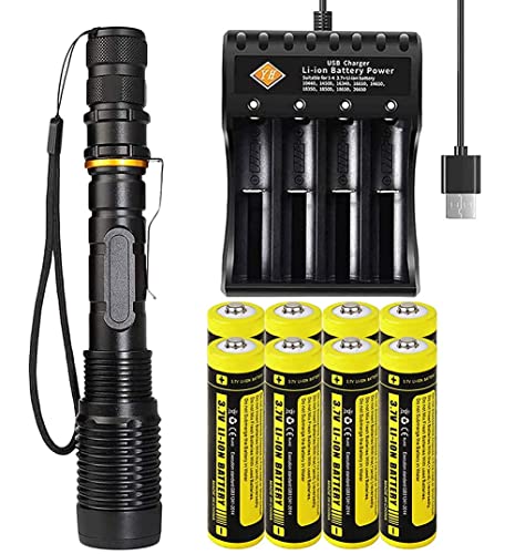 Helle Taschenlampe 5 Modi mit 8 Pack 18650-Batterien und 1 Pack 4 Steckplätzen USB Ladegerät, 2000 Lumen, Wasserdicht Zoomable Taschenlampe Wiederaufladbar für Camping Radfahren Hundespaziergänge von VISVIC