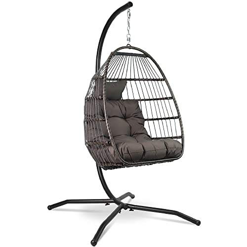 VITA5 Hängesessel mit Gestell - Bequemer Hängekorb Sessel - Rattan Hängesessel Outdoor und Indoor - Boho Egg Schaukel für Terrasse&Leseecke - 150 kg Tragkraft - Dunkel Grau von VITA5