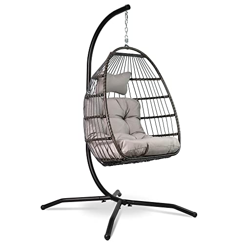 VITA5 Hängesessel mit Gestell - Bequemer Hängekorb Sessel - Rattan Hängesessel Outdoor und Indoor - Boho Egg Schaukel für Terrasse, Kinderzimmer & Leseecke - 150kg Tragkraft (Grau) von VITA5