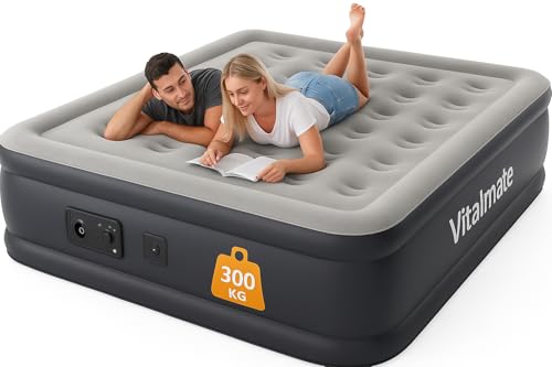 VITALMATE 3 in 1 Luftbett 150×200 cm – Selbstaufblasend in 4 Min. – Integrierte Mobilepumpe – Kopfteil & Couch Funktion – Geflockte Oberfläche – Gästebett, Sofa, Outdoor Matratze von VITALMATE