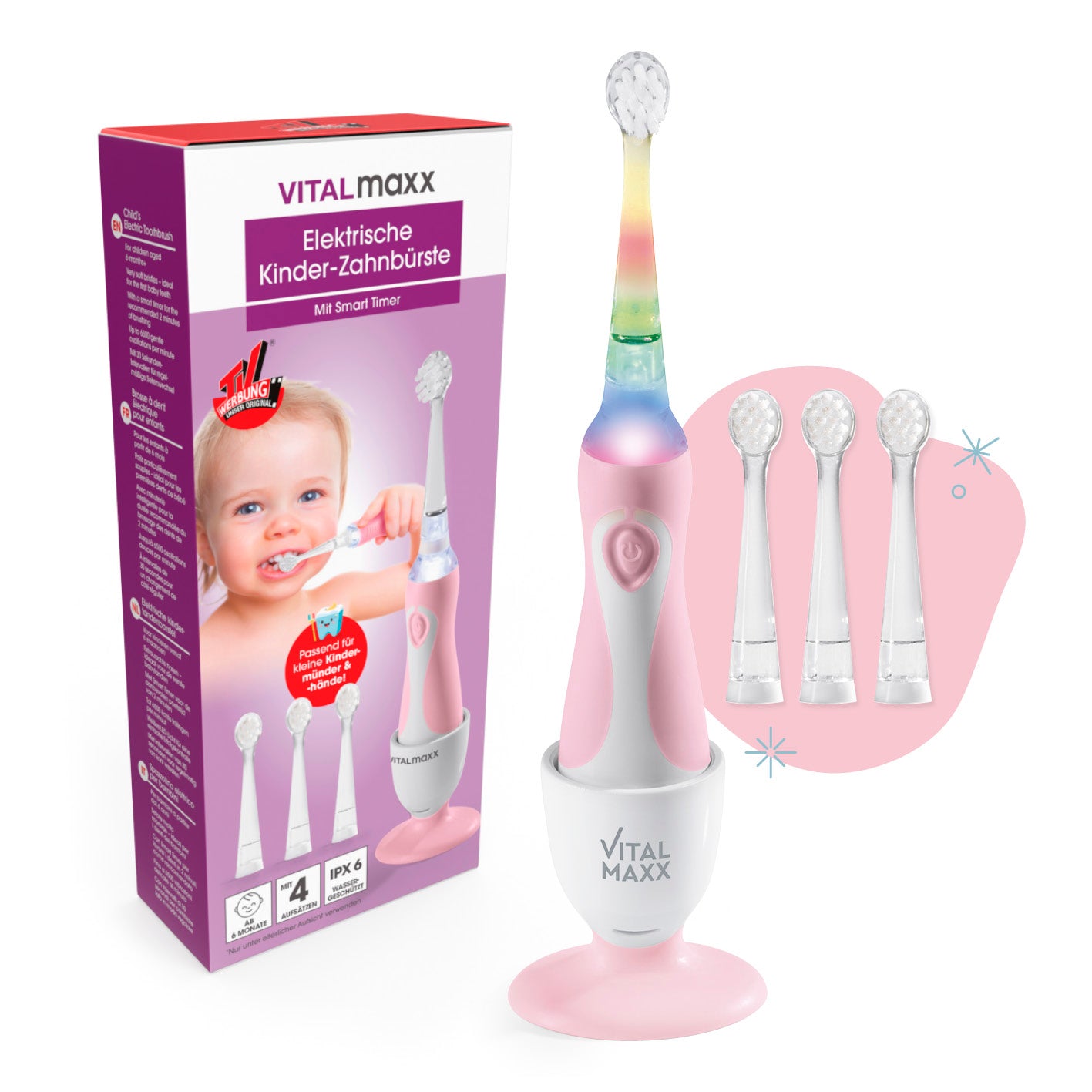 VITALmaxx Elektrische Kinder-Zahnbürste mit Smart Timer - Ab 6 Monate* - Rosa/Weiß von VITALmaxx