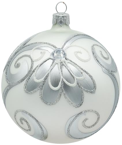 VITBIS - Weihnachtskugel aus Glas, Christbaumkugeln 10 cm, Mundgeblasen, Handdekoriert und Handgefertigt Weihnachtsbaum Deko - Matte Weiße Farbe mit Reicher Silberverzierung von VITBIS
