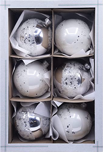 Vitbis Glaskugeln 6er Set 8 cm Durchmesser Handgemacht perfekt für Weihnachten einzigartige Kollektion für den Weihnachtsbaum in weiß und silberfarben, 2203222B047 von VITBIS